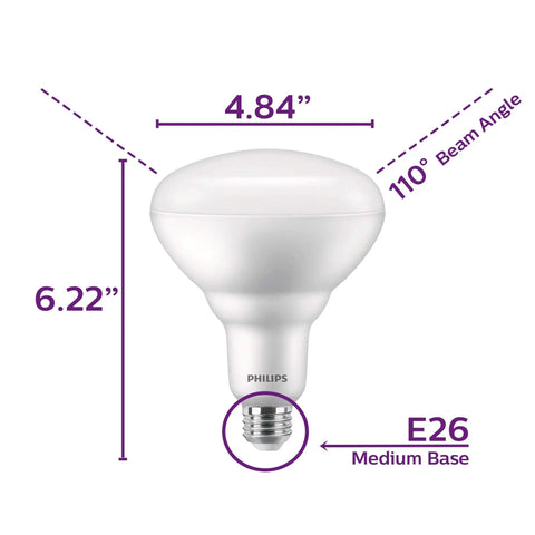 Flicker Free High Lumen Dimmable BR40 LED Bulb With Eye Comfort Tech, 4.84x6.22 inches, E26 Base, side view with measurements