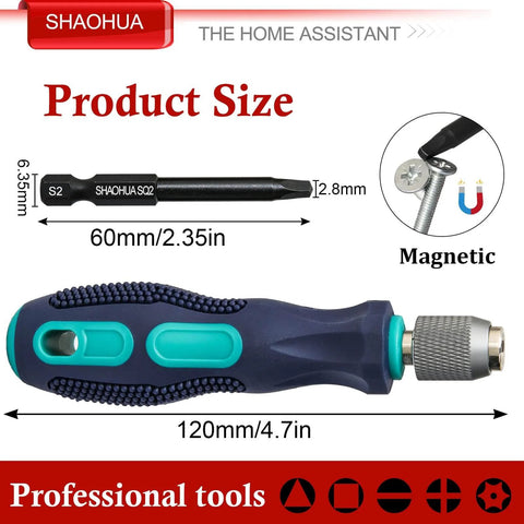 Pro Grade 11 Piece Square Drive Bit Set With 10 Number Two Square Bits And One Quarter Inch Magnetic Hex Shank Driver Two Point Three Inch Long SQ2 Alloy Steel Bits For Pocket Hole Jigs And Impact Drivers, showing magnetic hex shank and dimensions.
