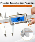 6 Inch Digital Caliper With Rechargeable Battery And Large Backlit LCD For Ultra Precise Measurements In Inches Millimeters And Fractions, Type C Charge, No More Battery Replacements, The Go To Tool For 3D Printing Woodworking And DIY. Hand using 6-inch digital caliper with backlit LCD and knurled thumb wheel