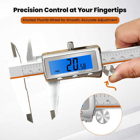 6 Inch Digital Caliper With Rechargeable Battery And Large Backlit LCD For Ultra Precise Measurements In Inches Millimeters And Fractions, Type C Charge, No More Battery Replacements, The Go To Tool For 3D Printing Woodworking And DIY. Hand using 6-inch digital caliper with backlit LCD and knurled thumb wheel