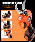 Cordless Electric Pruning Shears with dual cutting modes and safety lock, SK5 steel blade, orange design, battery insertion steps shown