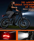 Man riding Electric Fat Tire Bike For Adults With Dual Peak 1500W 3000W Motor 35 MPH Top Speed 20 By 4 Fat Tires at night with lights