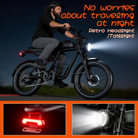 Man riding Electric Fat Tire Bike For Adults With Dual Peak 1500W 3000W Motor 35 MPH Top Speed 20 By 4 Fat Tires at night with lights