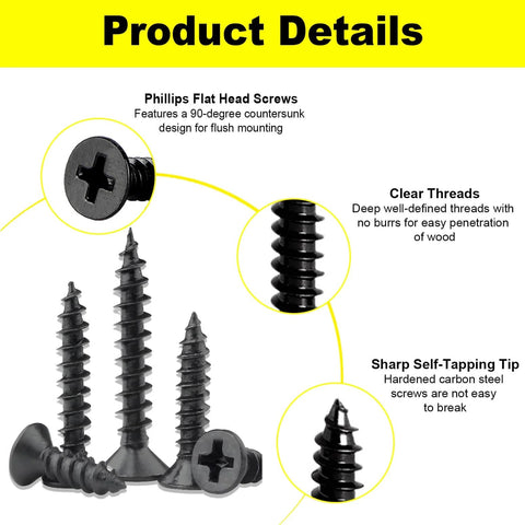 Wood Screws Assortment Kit 500 Piece Set with short cabinet screws, Phillips flat head self tapping, black carbon steel in detail