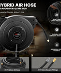Heavy Duty Retractable Air Hose Reel With 1/4 Inch By 45 Feet Hybrid Hose Max 300 Psi mounted with hose and fittings shown.