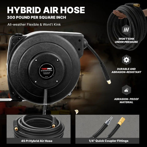 Heavy Duty Retractable Air Hose Reel With 1/4 Inch By 45 Feet Hybrid Hose Max 300 Psi mounted with hose and fittings shown.