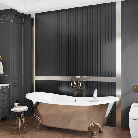 Hella Sleek Black Metallic Stripe Wall Panels With Self Adhesive Backing and Sound Absorbing Foam in elegant bathroom with tub.