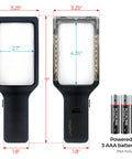 Front and back view of 3X Large Lighted Magnifying Glass With Anti Glare Lens And Stepless Dimmable LEDs, dimensions shown.