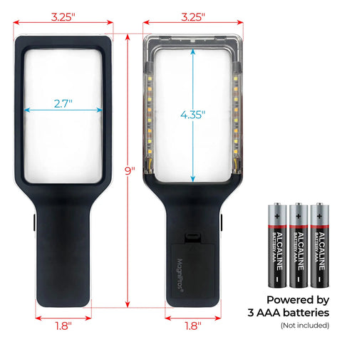 Front and back view of 3X Large Lighted Magnifying Glass With Anti Glare Lens And Stepless Dimmable LEDs, dimensions shown.