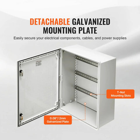 Open Rugged Fiberglass Electrical Enclosure Box For Outdoors With Mounting Plate IP66 Weatherproof Dustproof Junction Box Outdoor Electrical Cabinet 23.6x19.7x9.1 Inches Waterproof Utility Housing showing interior galvanized plate.
