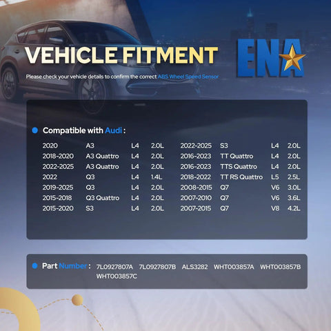 Vehicle fitment chart for Front Left ABS Wheel Speed Sensor Compatible With Audi And Volkswagen Models Top Shelf Quality Sweet Upgrade For Daily Drivers And Weekend Cruisers Saves Cash Glides Ahead 2004 To 2024.