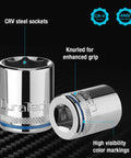 CR-V steel sockets with knurled grip and color markings, part of Quarter Inch Drive 10 Piece Metric Socket Set With 6-Point Shallow Sockets.
