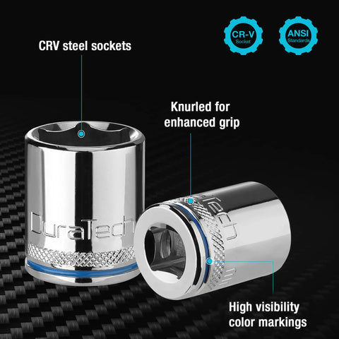 CR-V steel sockets with knurled grip and color markings, part of Quarter Inch Drive 10 Piece Metric Socket Set With 6-Point Shallow Sockets.