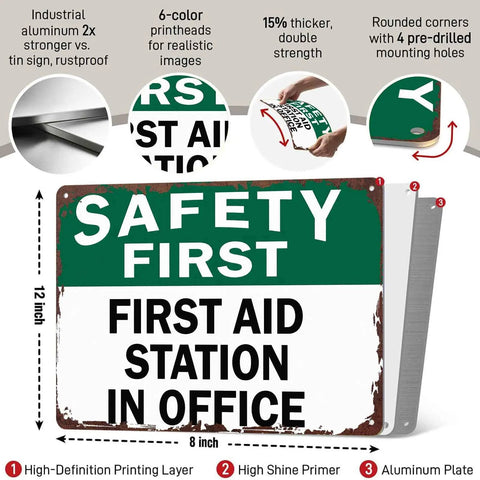 First Aid Station Aluminum Sign 8x12 Inches Dope Wall Decor for Office Warehouse Factory Garage Hospital School Workshop