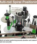 Heavy Duty Desktop Automatic Round Bottle Labeling Machine With Chain Conveyor And Integrated Print Coder For Clear And Gold Foil Labels Works Like A Dream 110V Model showing adjustable multi-rod spiral positioning.