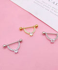 Gold Glitter CZ V-Shape Nipple Ring Set Dope 16G Five Eighth Inch Barbell Tongue Ring 4mm Ball Stainless Steel Body Piercing Jewelry