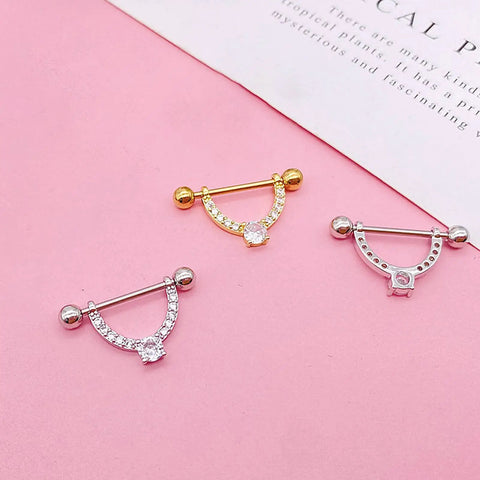 Gold Glitter CZ V-Shape Nipple Ring Set Dope 16G Five Eighth Inch Barbell Tongue Ring 4mm Ball Stainless Steel Body Piercing Jewelry