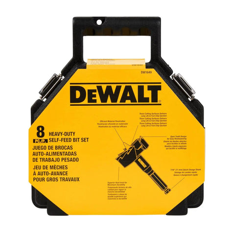 Front view of Self Feed Drill Bit Kit 8 Piece For Wood With 7/16 Inch Quick Change Shank Built To Last in carrying case