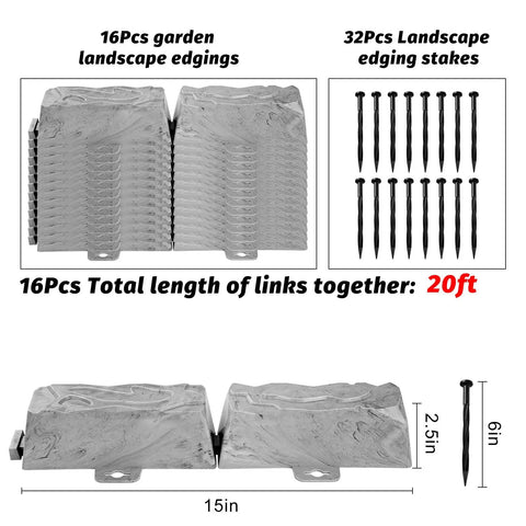 Heavy Duty Garden Edge Borders 16 Pack No Dig Lawn Edging for Landscaping with Stakes Included, 20 Feet Total layout view