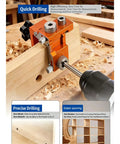 Skip The Guesswork With This Top Shelf Double Hole Drill Positioner Jig For Woodworking And Cabinet Builds Dial In Precise Spacing Using This Beefy Metal Drill Guide Locator Mount For Tight Furniture Assembly Jobs, orange aluminum jig in use on wood.