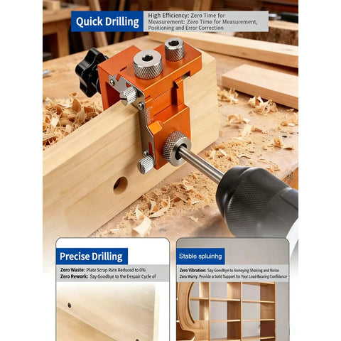Skip The Guesswork With This Top Shelf Double Hole Drill Positioner Jig For Woodworking And Cabinet Builds Dial In Precise Spacing Using This Beefy Metal Drill Guide Locator Mount For Tight Furniture Assembly Jobs, orange aluminum jig in use on wood.