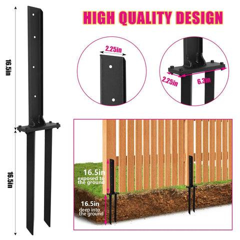 Heavy Duty Steel Fence Post Repair Kit With Double Ground Spikes And Post Anchors featuring 16.5in triangular stakes in use on fence