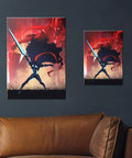 Heavy Duty Rust Resistant Steel Wall Print Featuring Badass Fantasy Warrior Perfect For Dope Gaming Den Or Dorm Room Makeover With Simple Magnetic Mount For Fast No Drill Installation, two sizes displayed on wall.