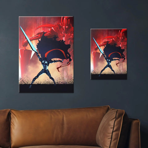 Heavy Duty Rust Resistant Steel Wall Print Featuring Badass Fantasy Warrior Perfect For Dope Gaming Den Or Dorm Room Makeover With Simple Magnetic Mount For Fast No Drill Installation, two sizes displayed on wall.