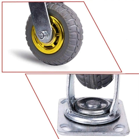 Close-up view of Heavy Duty Furniture Moving Casters With Brake Set Of Four Premium 8 Inch Rolling Jack Wheels showing rubber wheel and metal base.
