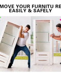 Person using four pack five inch reusable carpet furniture sliders to move a cabinet across carpet without damage