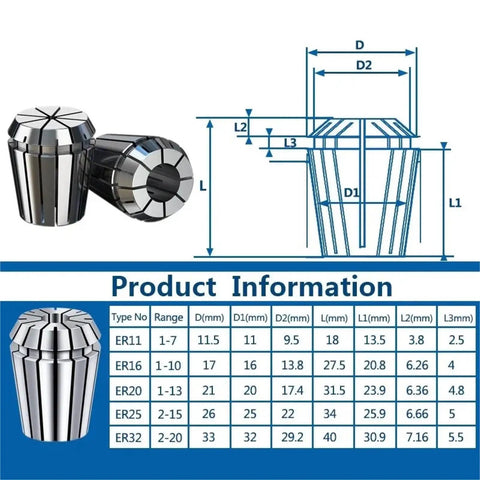 Top Tier ER Collet Chuck Set ER11 ER16 ER20 ER25 ER32 For CNC Milling Lathe diagram showing dimensions and specifications.