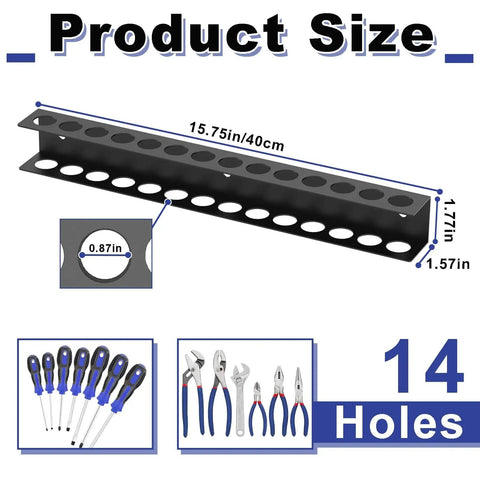 Rock Solid Screwdriver Organizer Wall Mount Rack For Garage And Workshop, All Metal Powder Coated Steel Tool Holder, 14 holes