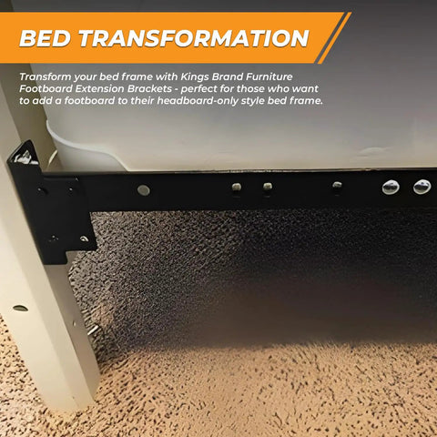 Heavy Duty Adjustable Metal Bed Frame Footboard Extension Brackets Set Of Two mounted on bed frame showing installation details.