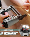 Person using Pro Grade Air Powered 20 Gauge Upholstery Stapler With 1500 Pcs T50 Staples, showing adjustable air exhaust feature.