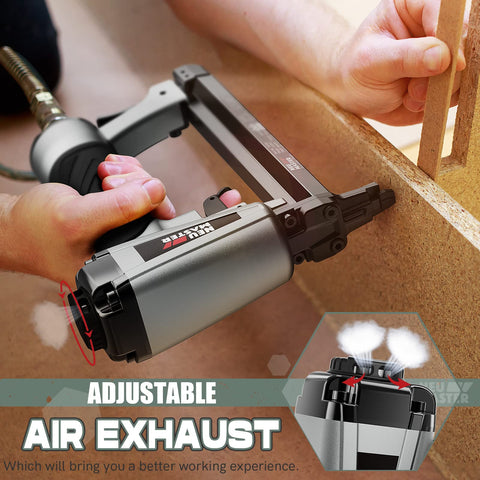 Person using Pro Grade Air Powered 20 Gauge Upholstery Stapler With 1500 Pcs T50 Staples, showing adjustable air exhaust feature.