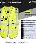 Built Tough Class Two High Visibility Construction Vest With Nine Roomy Cargo Pockets And Heavy Duty Zipper Front showcasing safety features and pockets.