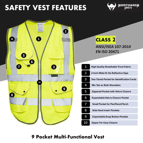 Built Tough Class Two High Visibility Construction Vest With Nine Roomy Cargo Pockets And Heavy Duty Zipper Front showcasing safety features and pockets.