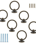 Six Pack Antique Bronze Ring Pull Handles for dresser drawers cabinets and cupboards, vintage metal knob pulls with screws included