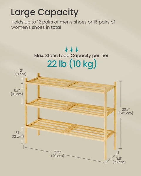 Heavy Duty Bamboo Shoe Rack Three Tier Stackable Shoe Organizer Fits Twelve To Sixteen Pairs Slim Entryway Hallway Closet Storage Rack With Deep Bottom Shelves For Sneakers And Slippers Built To Keep Your Pad Fresh And Organized Effortlessly Daily