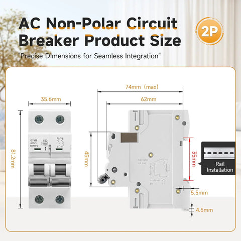 Solid 25 Amp Miniature Circuit Breaker For Solar Systems 120V 240V 2 Pole DIN Rail Mount MCB dimensions diagram