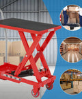 Red heavy-duty hydraulic lift table cart with scissor lift, 1100 lb capacity, 32 in lift height, non-slip top
