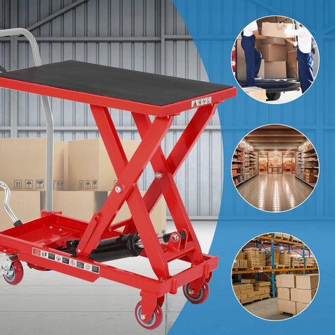 Red heavy-duty hydraulic lift table cart with scissor lift, 1100 lb capacity, 32 in lift height, non-slip top
