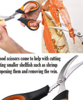 Complete 21 Piece Seafood Tools Set With Six Crab Crackers, Six Lobster Shellers, Six Wide Crab Forks, Two Seafood Scissors And A Handy Storage Bag, showing scissors cutting shrimp and crab