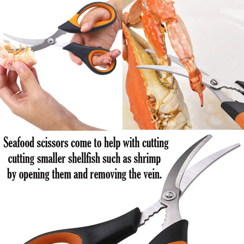Complete 21 Piece Seafood Tools Set With Six Crab Crackers, Six Lobster Shellers, Six Wide Crab Forks, Two Seafood Scissors And A Handy Storage Bag, showing scissors cutting shrimp and crab