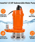 Tough Job Submersible Sump Pump For Quick Basement Bailout And Flood Cleanup 6000 Gallons Per Hour Output With Quiet Motor And Compact Build For Home Or Shop Use, showing orange pump with stainless steel base.