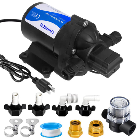 Three-Chamber 110V AC RV Water Pump With Filter, Self Priming Inline On Demand Washdown, 4 GPM At 45 PSI, Easy Plug Electric Pump For Camper Marine Yacht Garden with accessories visible