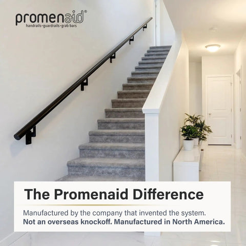 Top Tier Eight Foot Satin Black Aluminum Handrail Kit For Indoor Outdoor Stairs Featuring Smooth Anodized Finish on stairway.