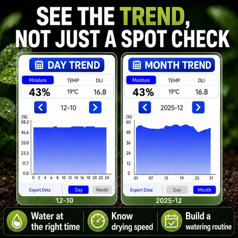 Dual Probes Leave In Soil Moisture Meter For Long Term Plant Care Real Readings On Soil Moisture Temperature And Sunlight Levels From Full Sun To Shade Indoor Outdoor Garden Monitoring, day and month trend screens