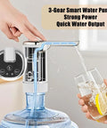 On The Go 5 Gallon Water Dispenser Pump With USB Type C Charging Foldable Spout Digital Display pouring water into glass