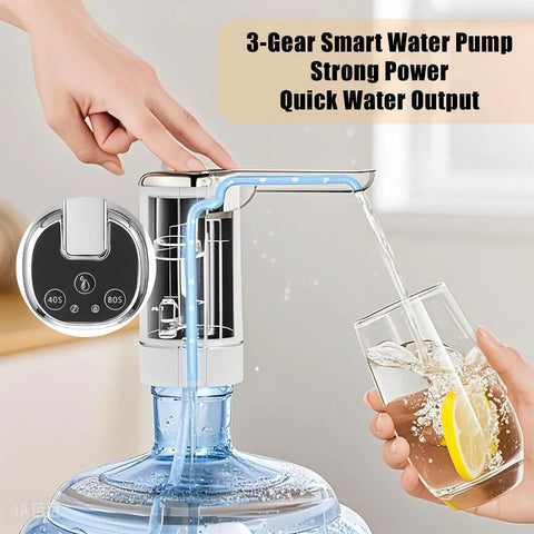 On The Go 5 Gallon Water Dispenser Pump With USB Type C Charging Foldable Spout Digital Display pouring water into glass